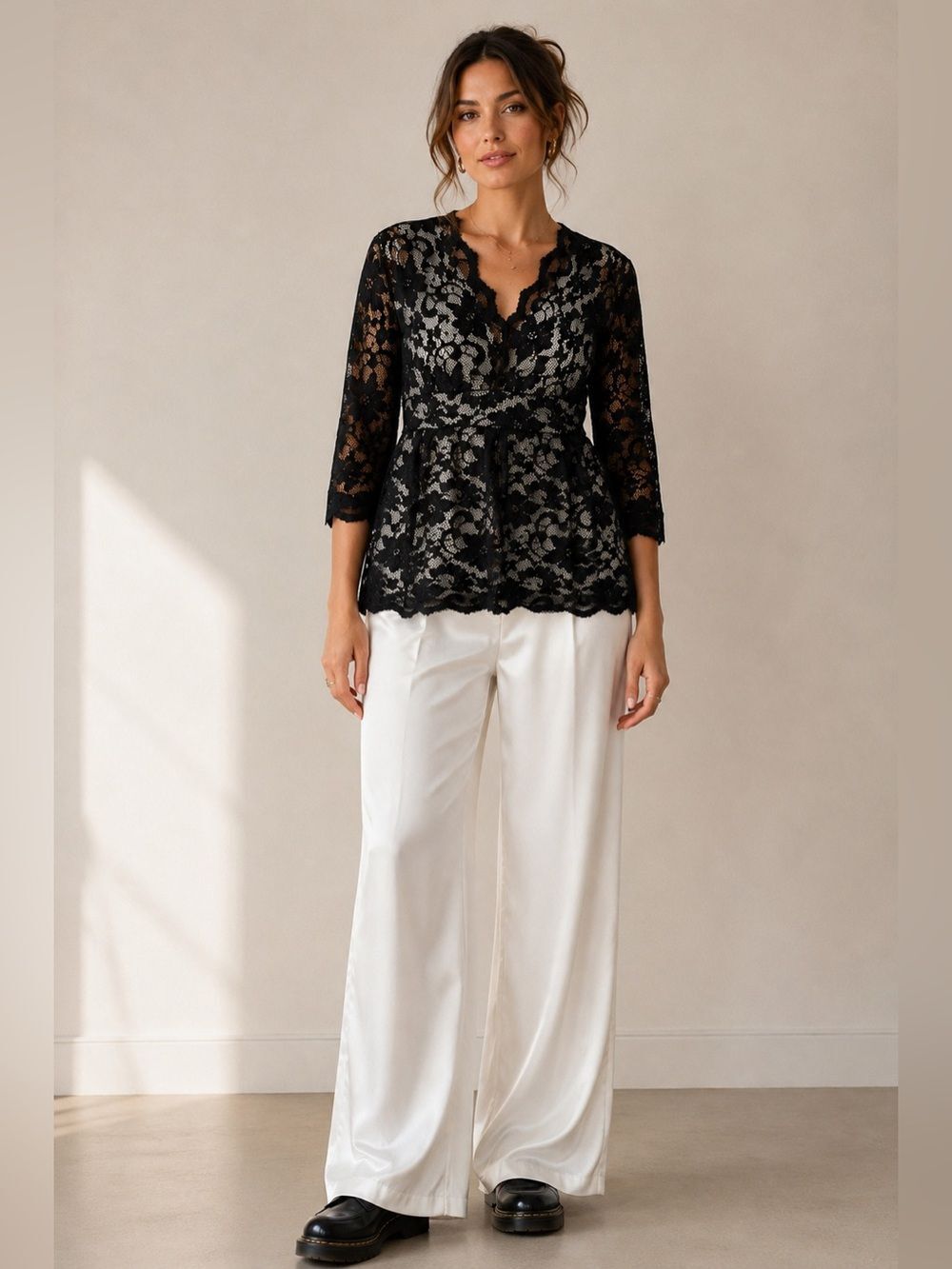 Ou Gu Mei Bohemian Women’s Vneck Lace Top 3/4 Sleeve Lined Black Side Zip Sz XL